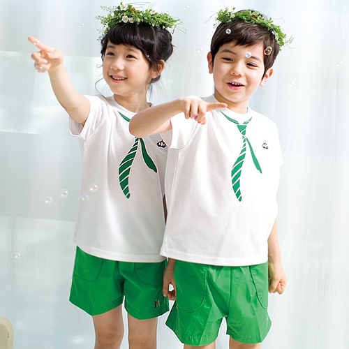 [서울원복] 1324 흰-연두넥타이T / 유치원 어린이집 여름 단체티셔츠 단체선물 개별구매가능