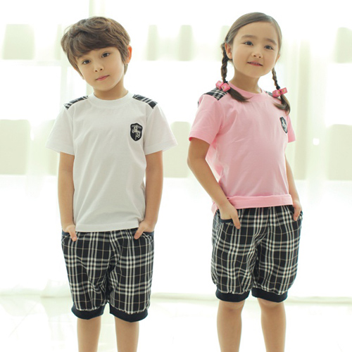 [리틀빔] S1105(흰색) S1106(핑크) (네이비체크팬츠) / 유치원 어린이집 하복 여름활동복